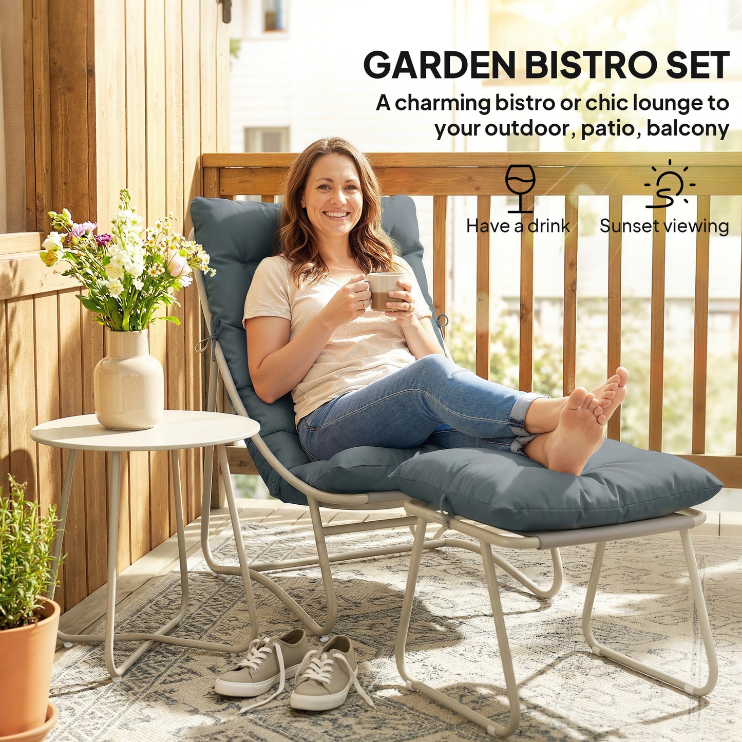 3 Piece Bistro Set, Outdoor Table and Chair Set with Footstool