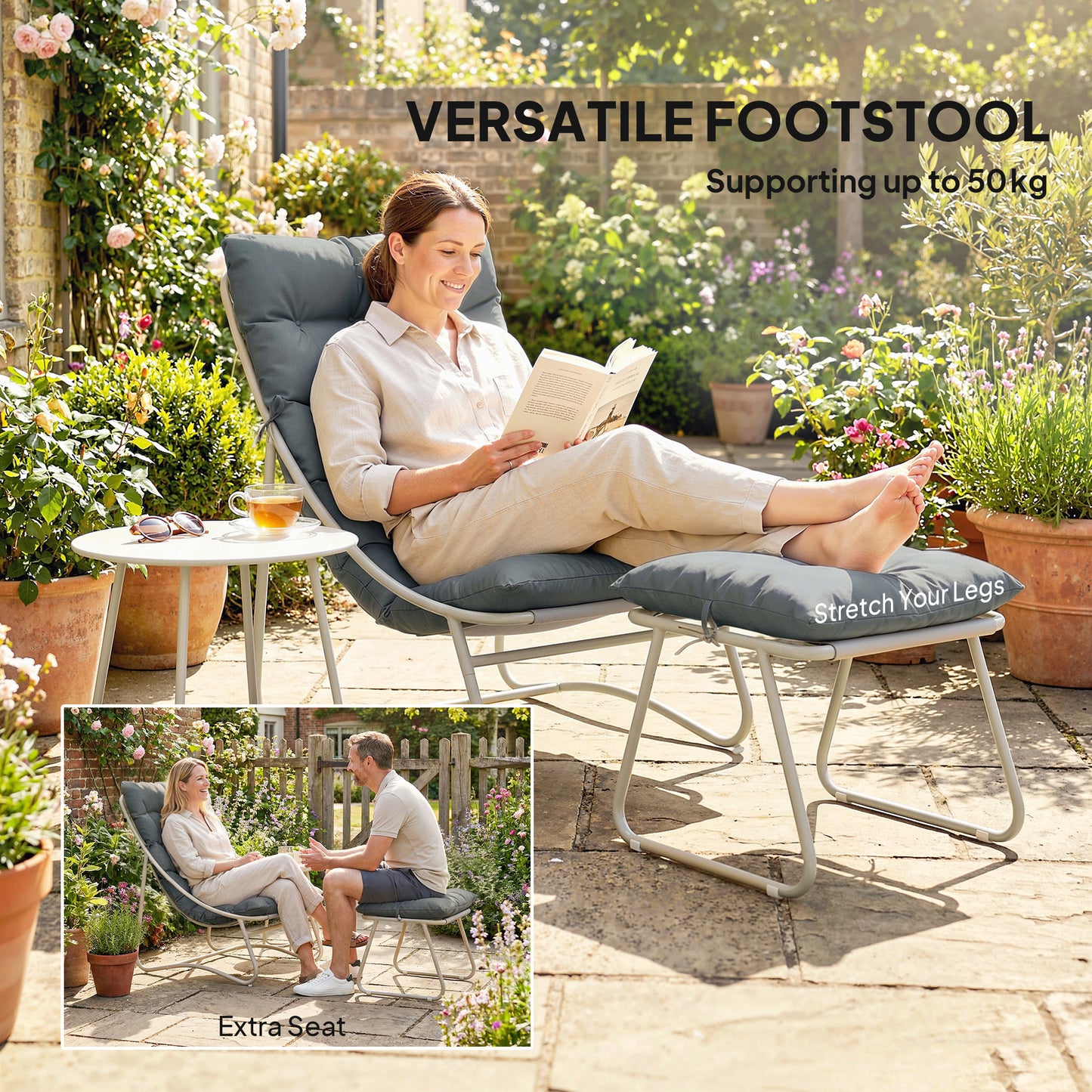 3 Piece Bistro Set, Outdoor Table and Chair Set with Footstool