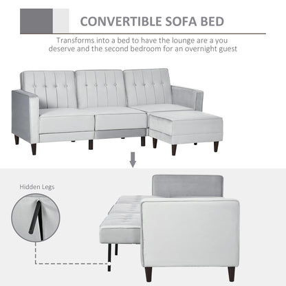 L Shape Sofa Bed Set with 3-Seater Sofa and Footstool, Corner Sofa Bed with Ottoman, Grey