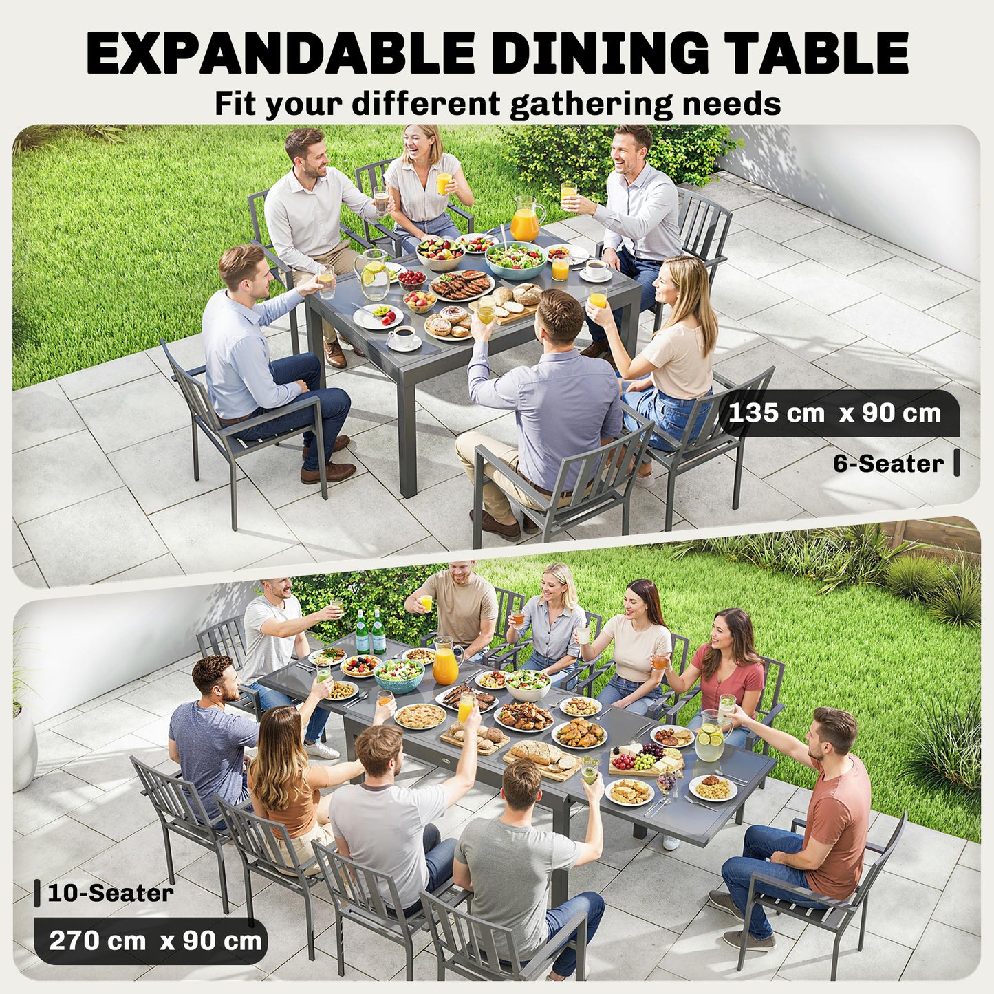 Aluminium Extending Garden Table, Glass Top Dining Table, Grey