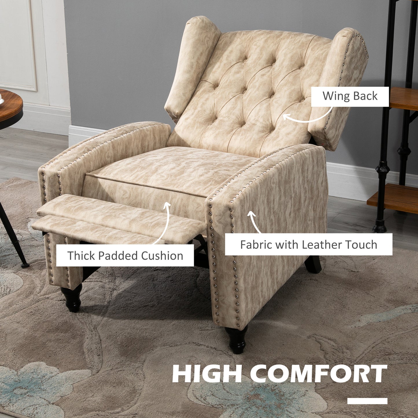 Marble Effect Manual Reclining Armchair w/ Footrest Studs Wood Legs Beige