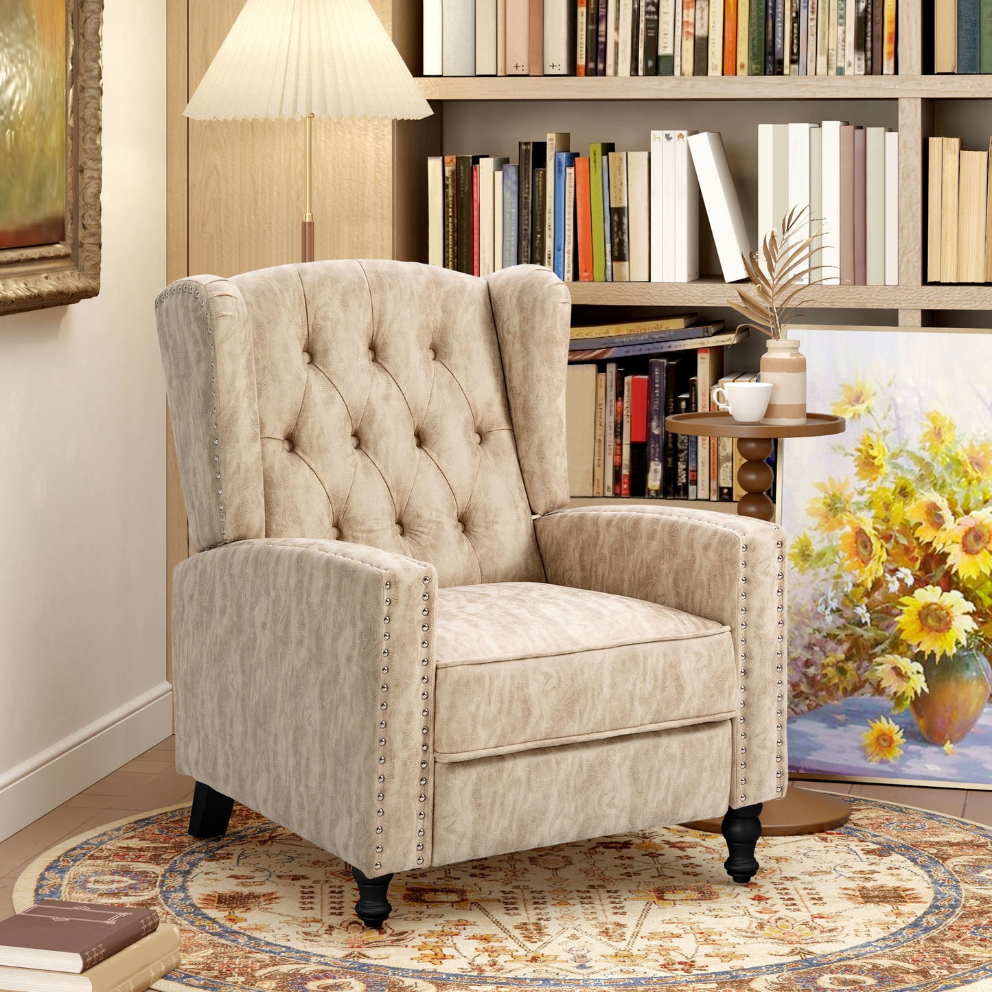 Marble Effect Manual Reclining Armchair w/ Footrest Studs Wood Legs Beige