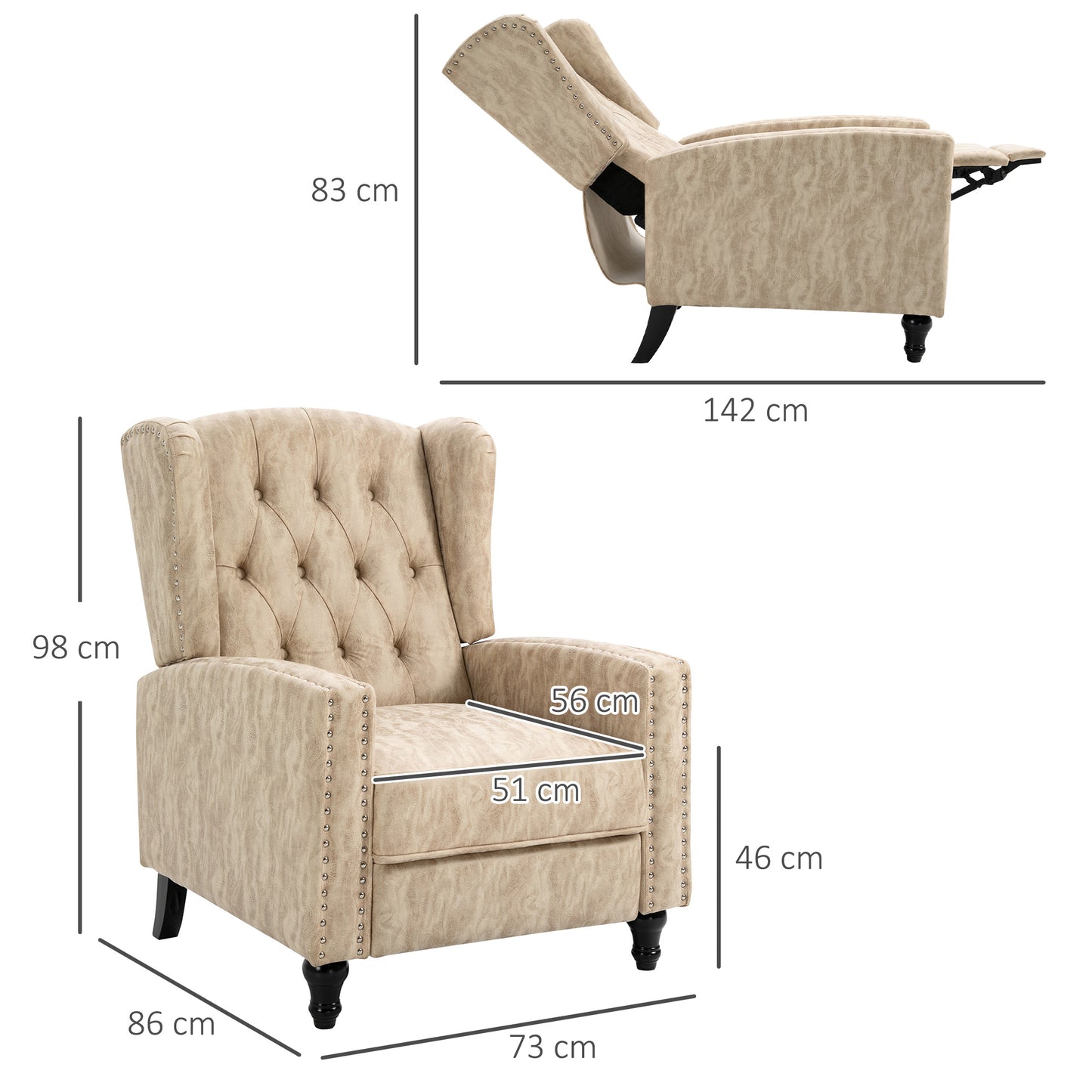 Marble Effect Manual Reclining Armchair w/ Footrest Studs Wood Legs Beige