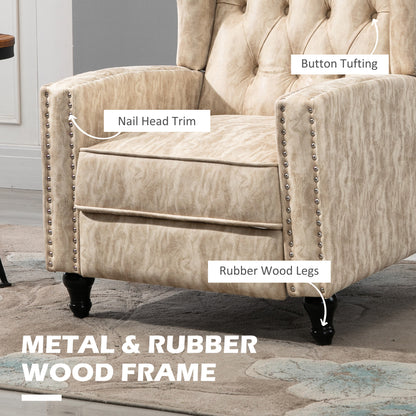 Marble Effect Manual Reclining Armchair w/ Footrest Studs Wood Legs Beige