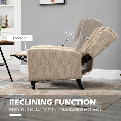 Marble Effect Manual Reclining Armchair w/ Footrest Studs Wood Legs Beige
