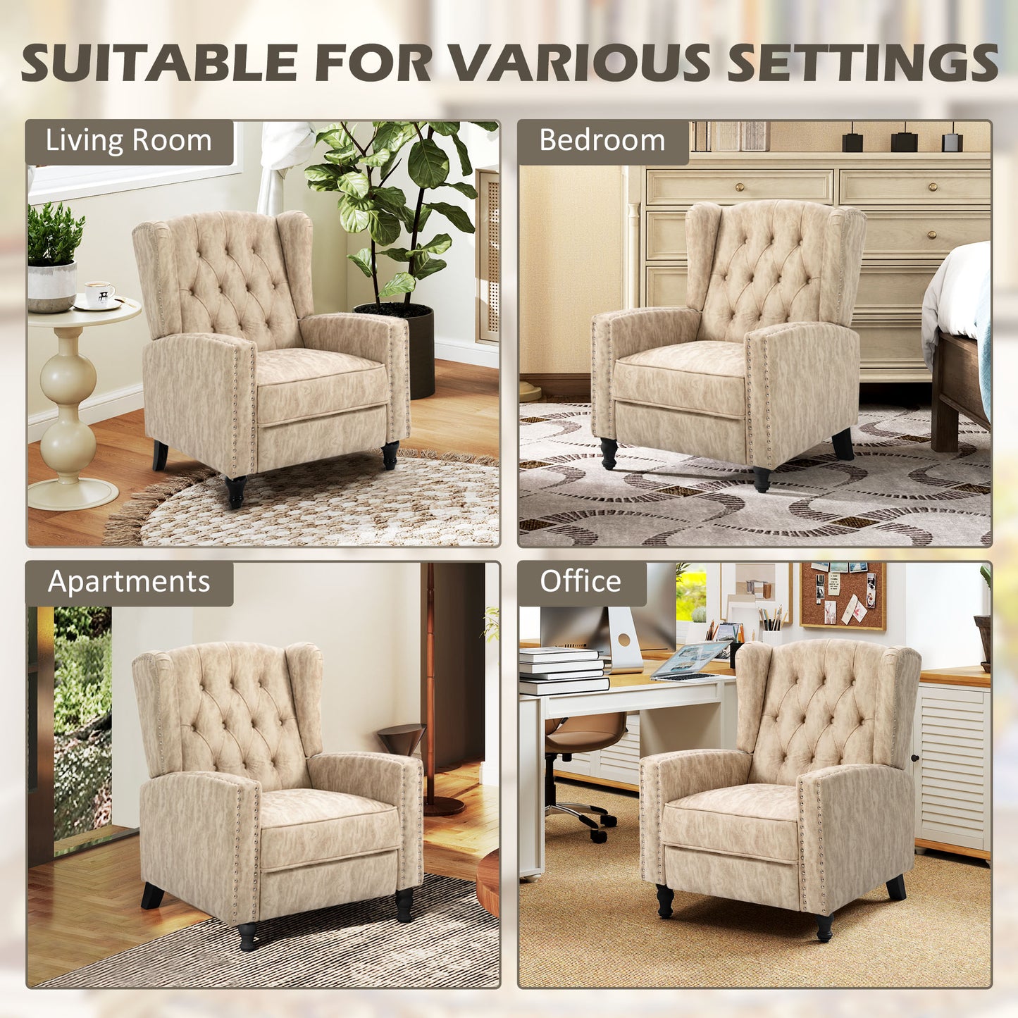 Marble Effect Manual Reclining Armchair w/ Footrest Studs Wood Legs Beige