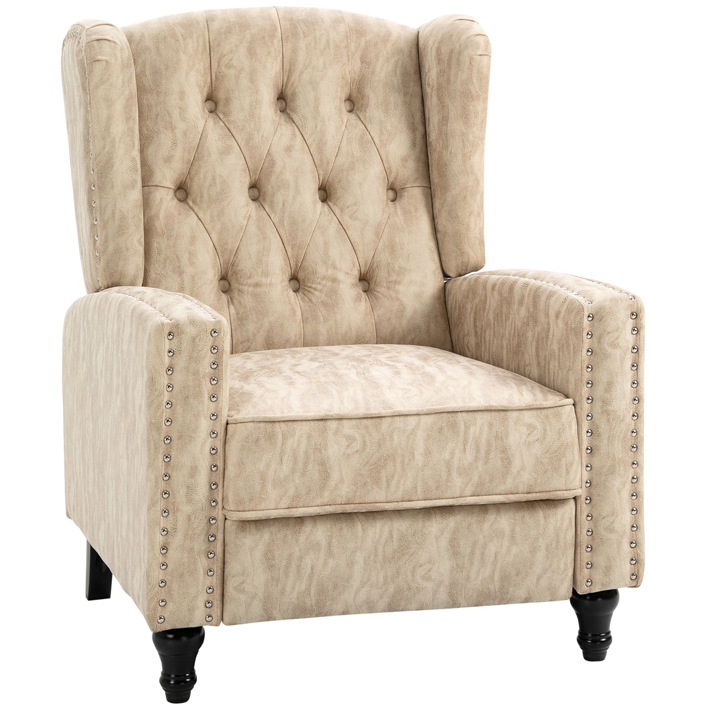 Marble Effect Manual Reclining Armchair w/ Footrest Studs Wood Legs Beige