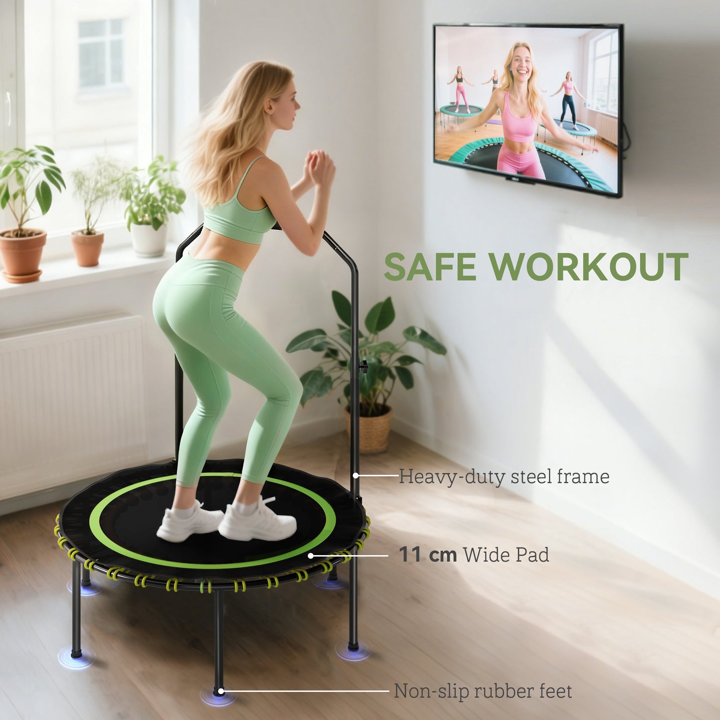 40'' Foldable Fitness Trampoline, Mini Trampoline Bungee Rebounder with 5-Level Adjustable Handle for Adults Indoor Outdoor Exercise, Green