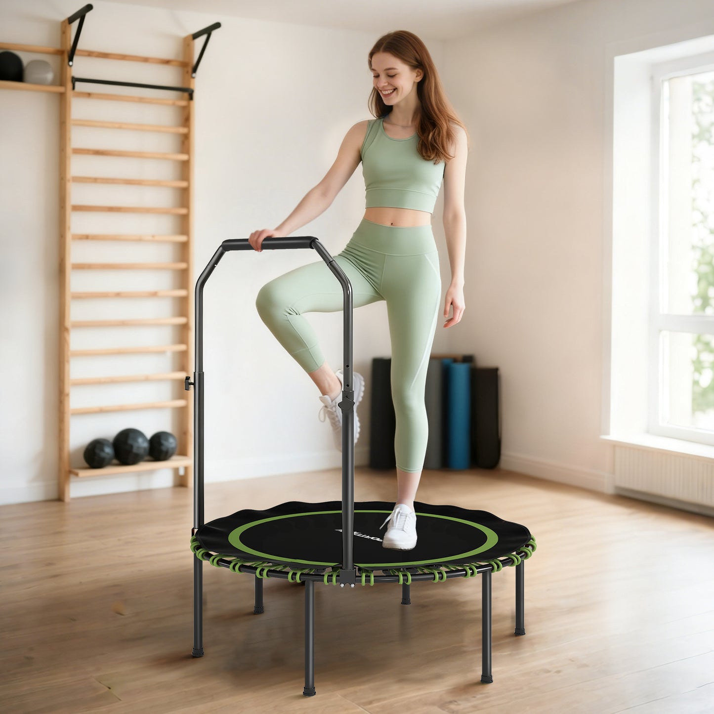 40'' Foldable Fitness Trampoline, Mini Trampoline Bungee Rebounder with 5-Level Adjustable Handle for Adults Indoor Outdoor Exercise, Green