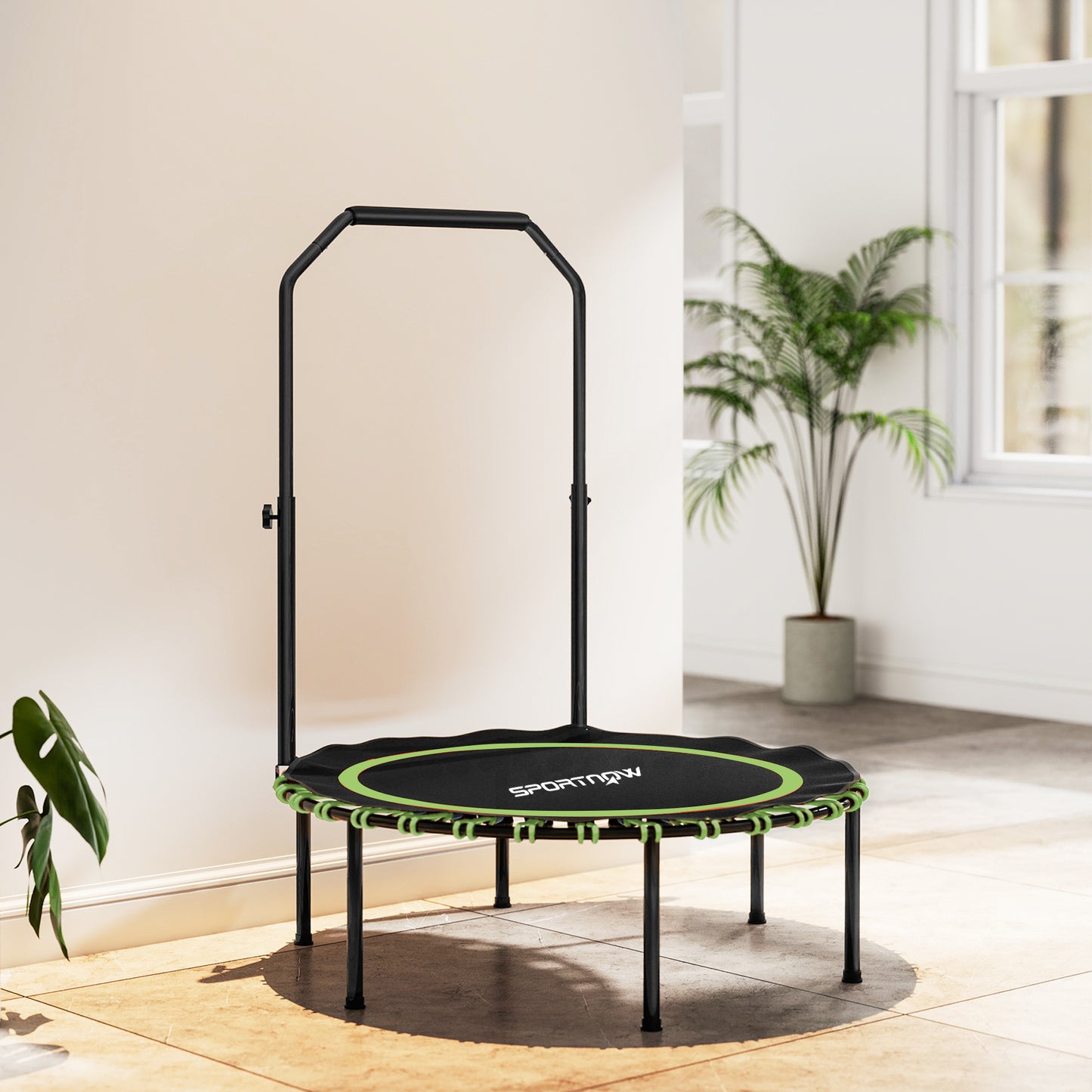 40'' Foldable Fitness Trampoline, Mini Trampoline Bungee Rebounder with 5-Level Adjustable Handle for Adults Indoor Outdoor Exercise, Green