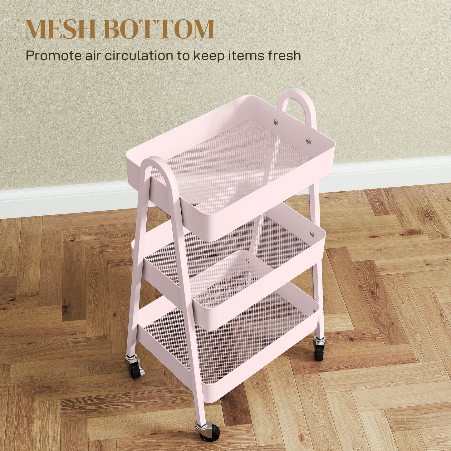 3-Tier Rolling Utility Cart Kitchen Storage Trolley on Wheels Pink