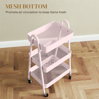 3-Tier Rolling Utility Cart Kitchen Storage Trolley on Wheels Pink