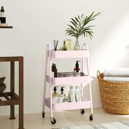 3-Tier Rolling Utility Cart Kitchen Storage Trolley on Wheels Pink