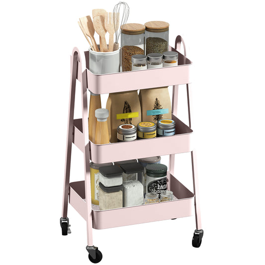 3-Tier Rolling Utility Cart Kitchen Storage Trolley on Wheels Pink
