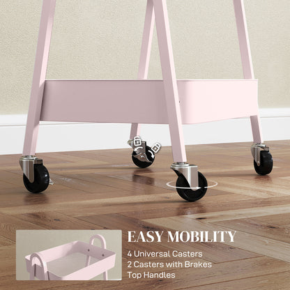 3-Tier Rolling Utility Cart Kitchen Storage Trolley on Wheels Pink