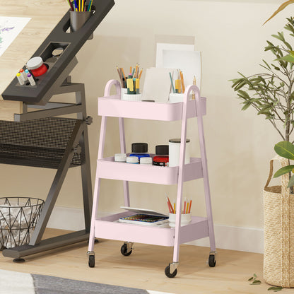 3-Tier Rolling Utility Cart Kitchen Storage Trolley on Wheels Pink