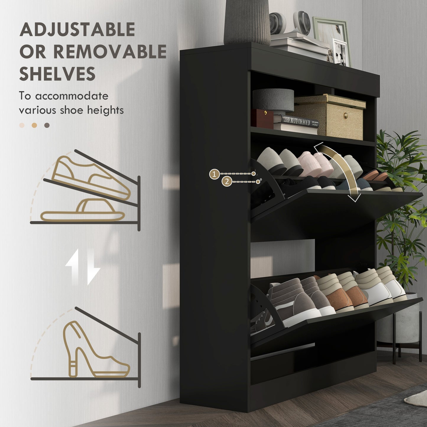 Wall Mounted or Freestanding Shoe Cabinet with 2 Flip Drawers, Black