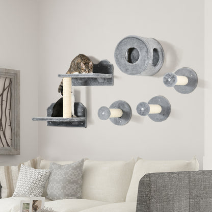 5 PC Wall-Mounted Cat Tree Furniture Perch House Scratching Post Grey