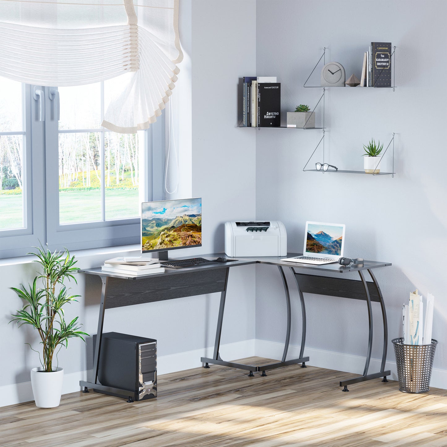 L Shape Computer Desk Corner Display Table Laptop Study Desk Minimalist Space Saving Wood Steel Gaming PC Workstation for Home Office Black