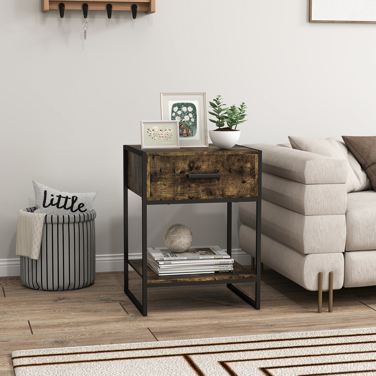 Modern Bedside Table, Nightstand with Drawer Shelf Rustic Brown