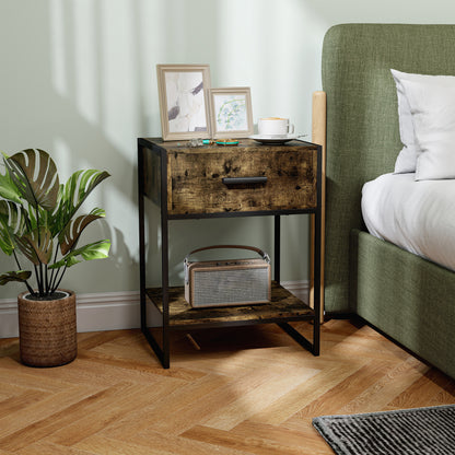 Modern Bedside Table, Nightstand with Drawer Shelf Rustic Brown