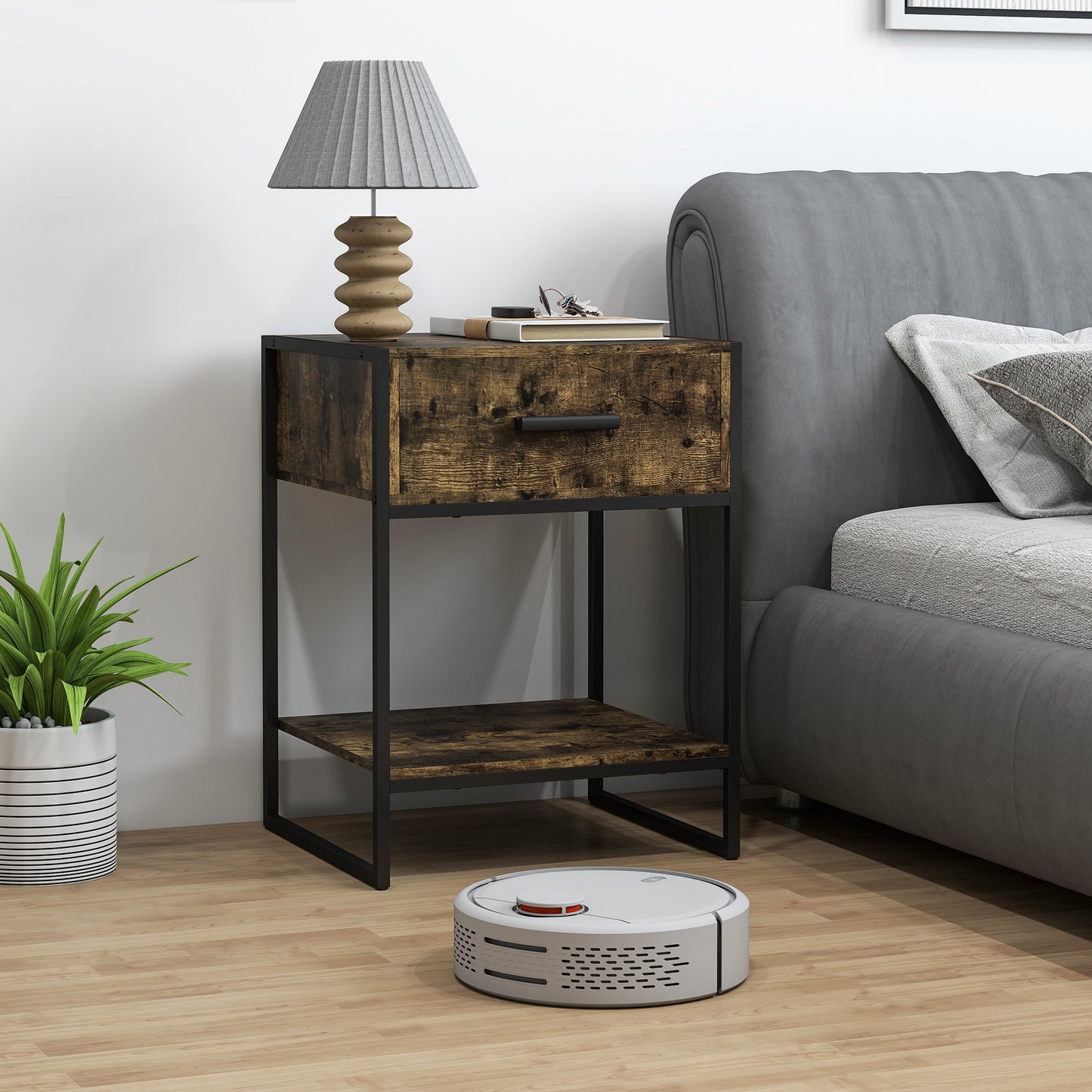 Modern Bedside Table, Nightstand with Drawer Shelf Rustic Brown