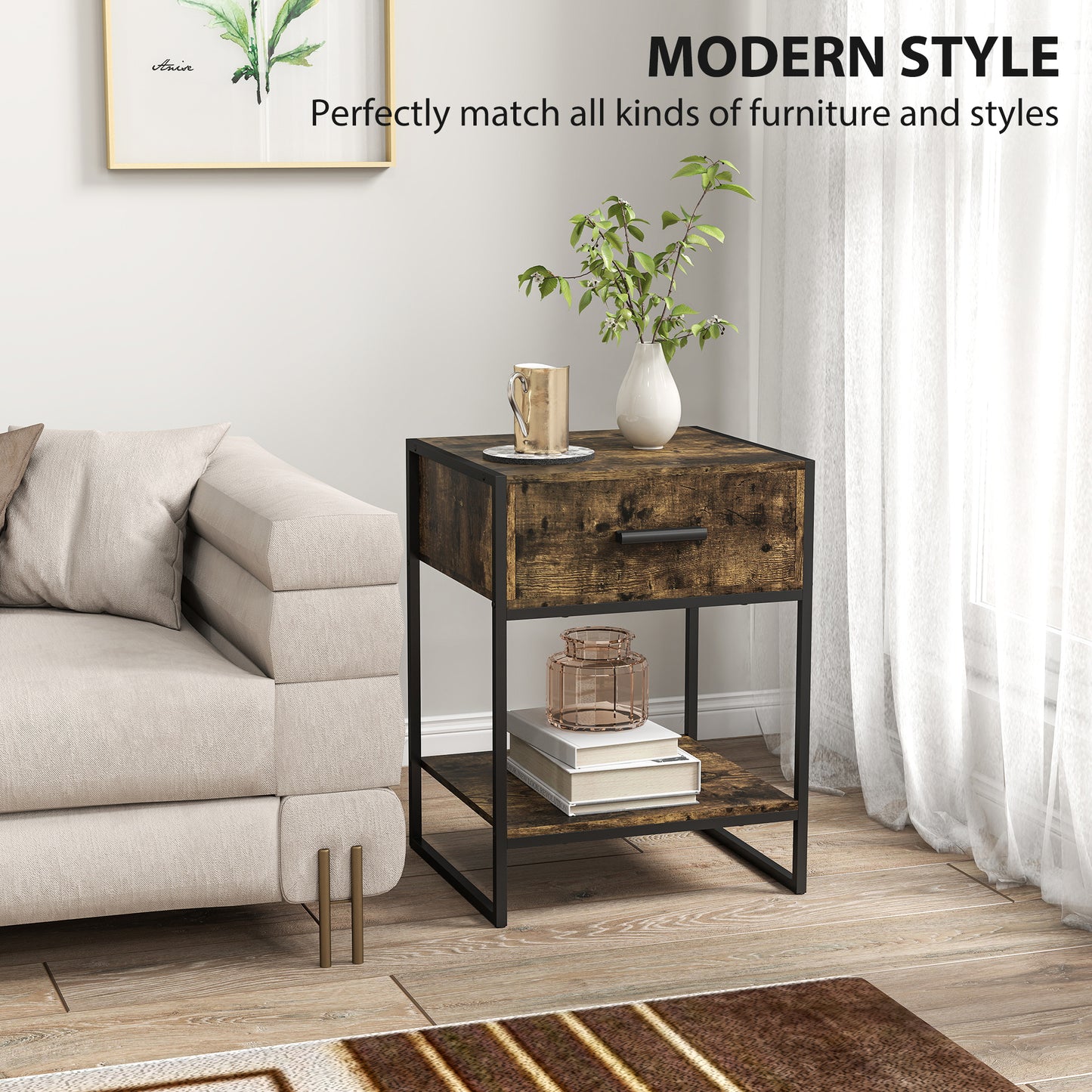 Modern Bedside Table, Nightstand with Drawer Shelf Rustic Brown