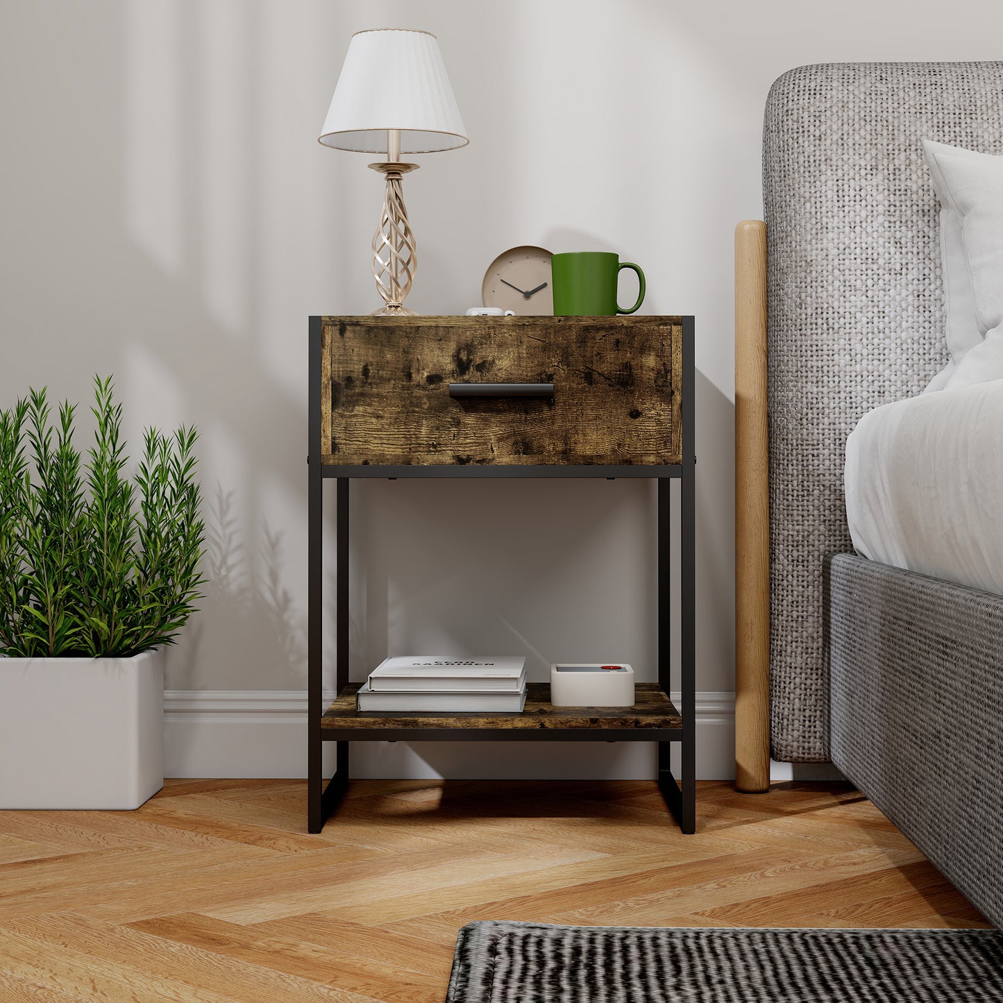 Modern Bedside Table, Nightstand with Drawer Shelf Rustic Brown
