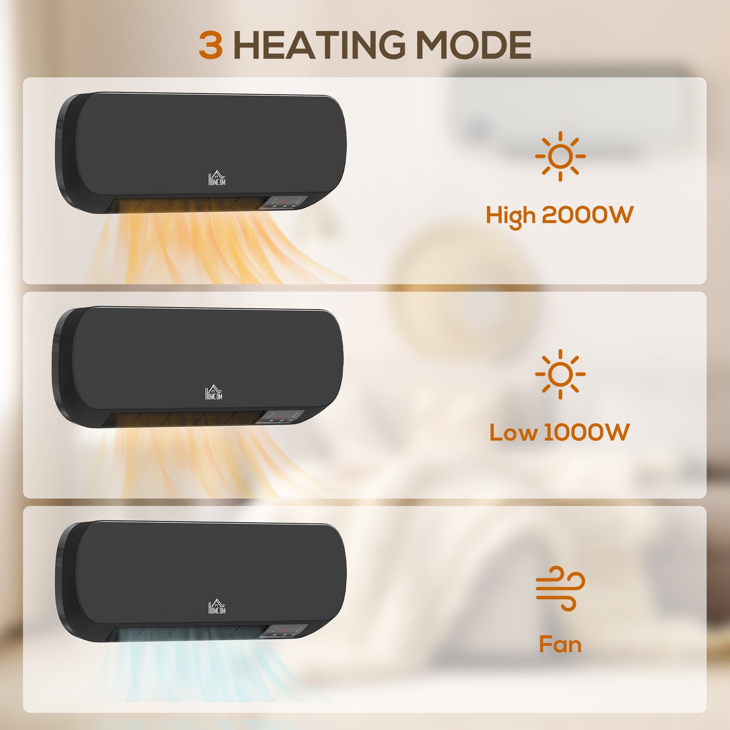 Wall Mounted Electric Heater with Timer Overheat Protection Black