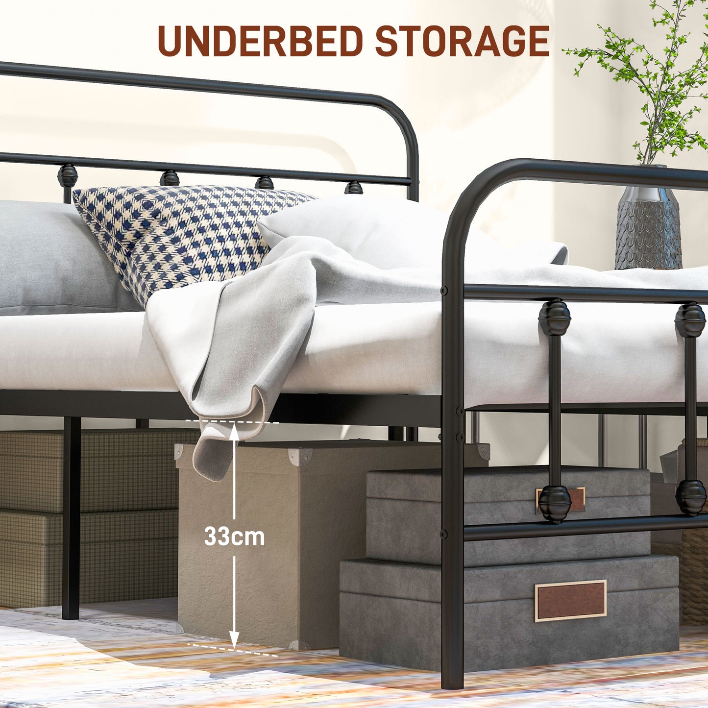 4ft6 Metal Double Platform Bed Frame w/ Underbed Storage Black