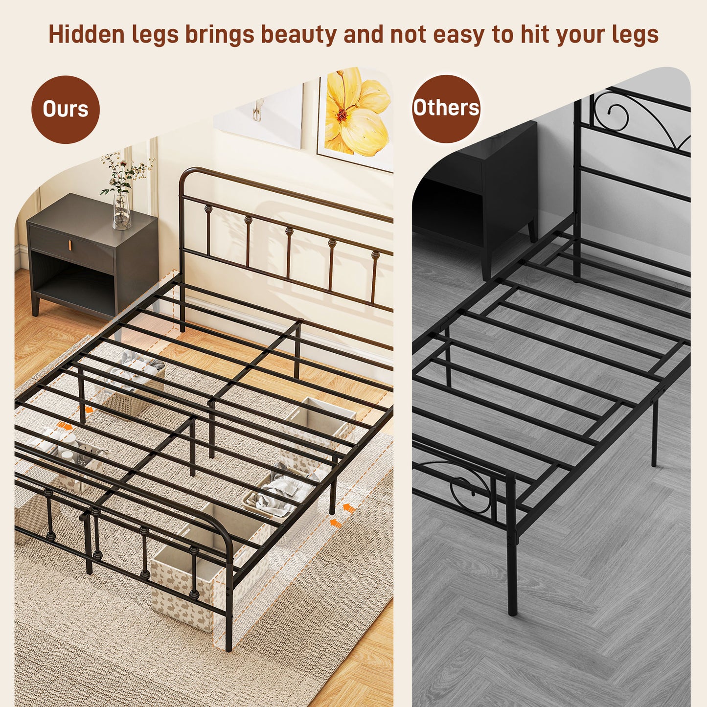 4ft6 Metal Double Platform Bed Frame w/ Underbed Storage Black