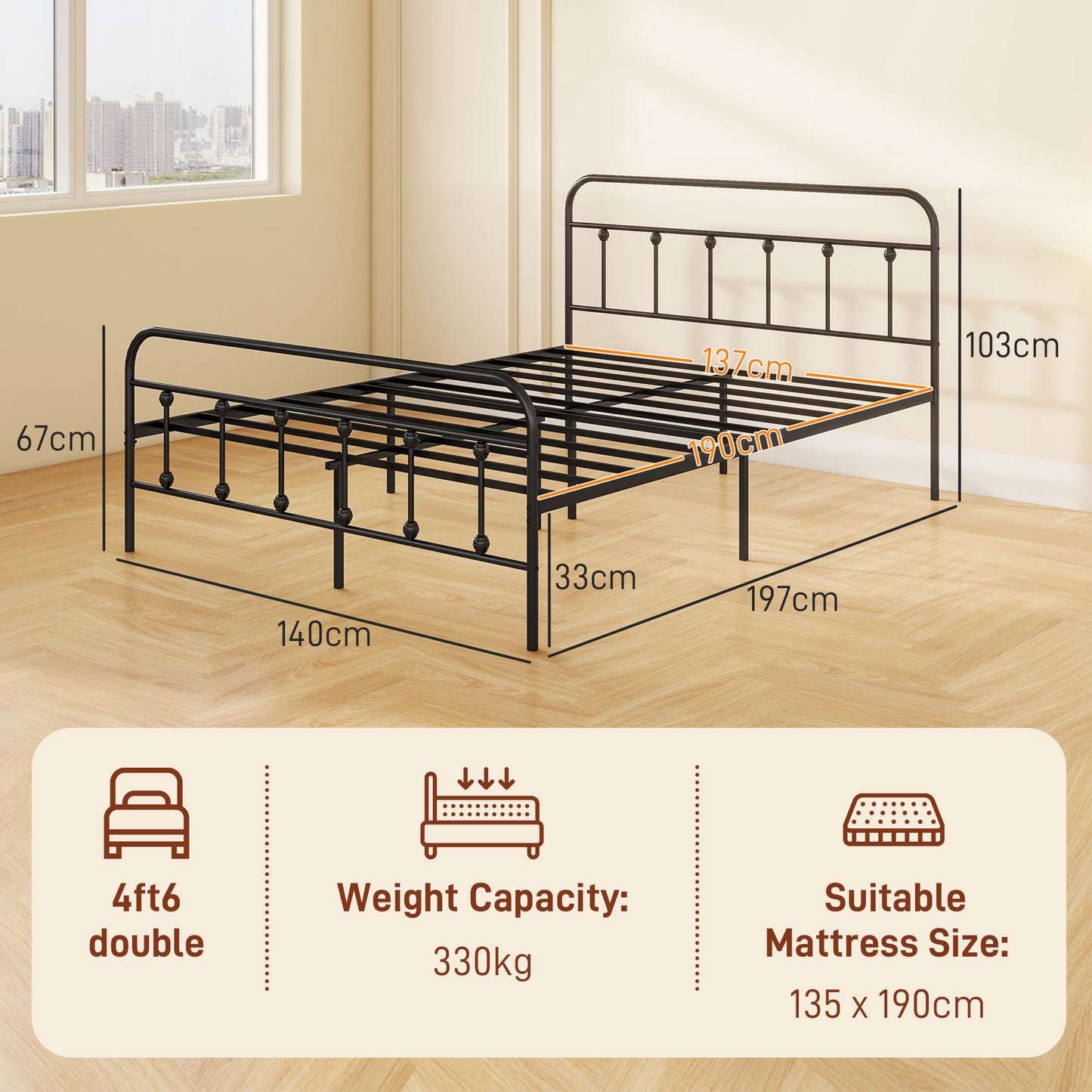 4ft6 Metal Double Platform Bed Frame w/ Underbed Storage Black
