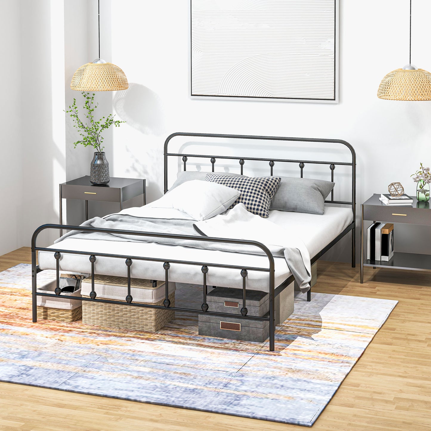 4ft6 Metal Double Platform Bed Frame w/ Underbed Storage Black