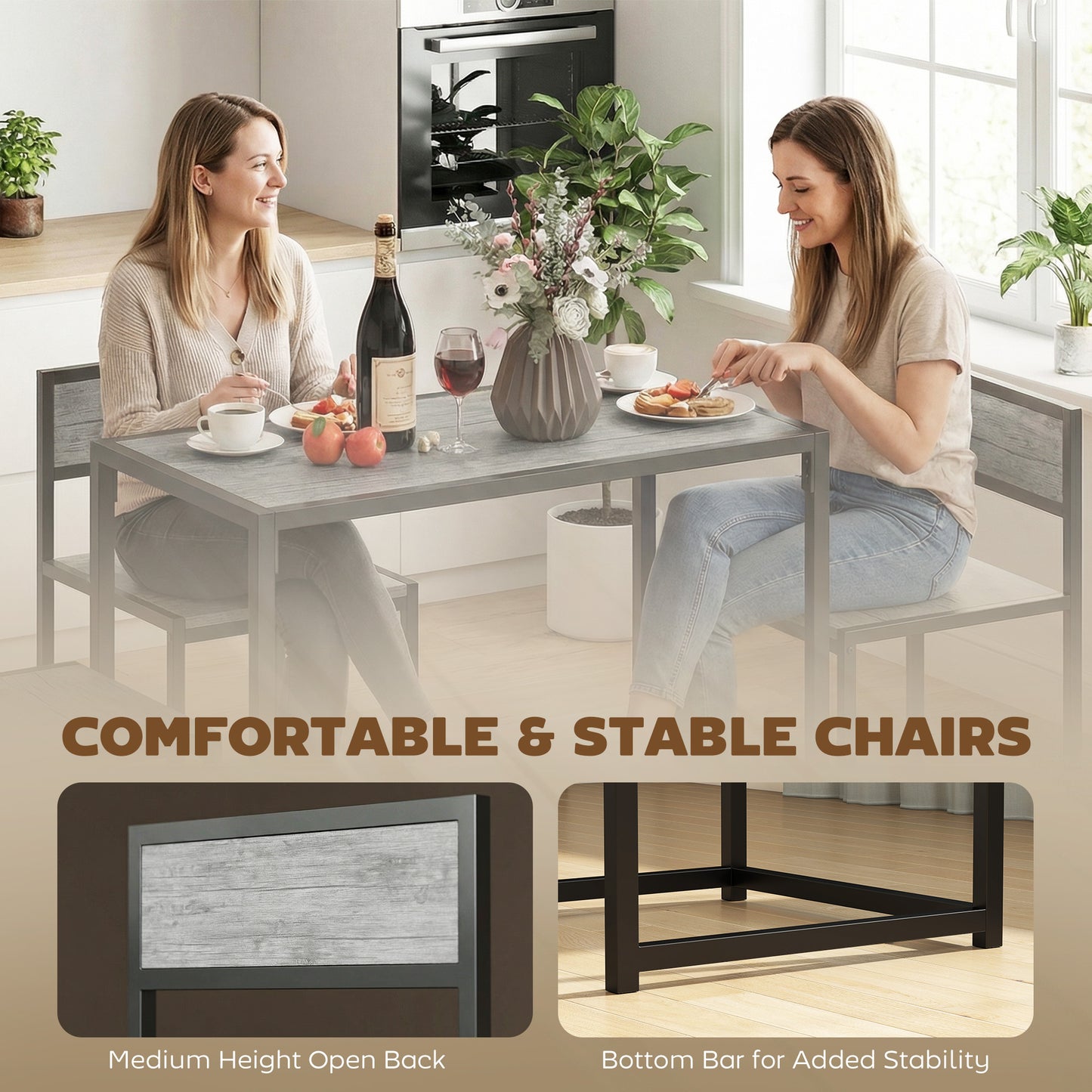 3 Piece Dining Table Set with Metal Frame Charcoal Grey Wood-Effect