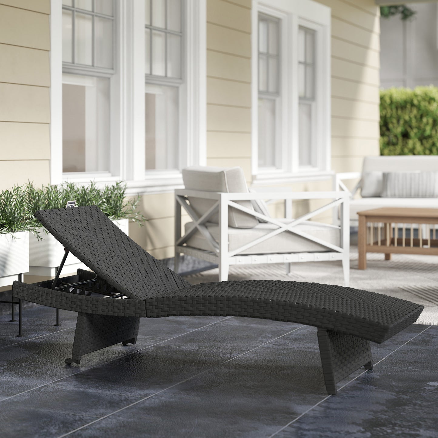 PE Rattan Sun Lounger with 4-Level Adjustable Backrest, Black