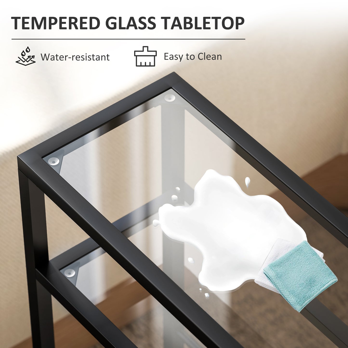 Slim Side Table, End Table with Tempered Glass Tabletop, Black