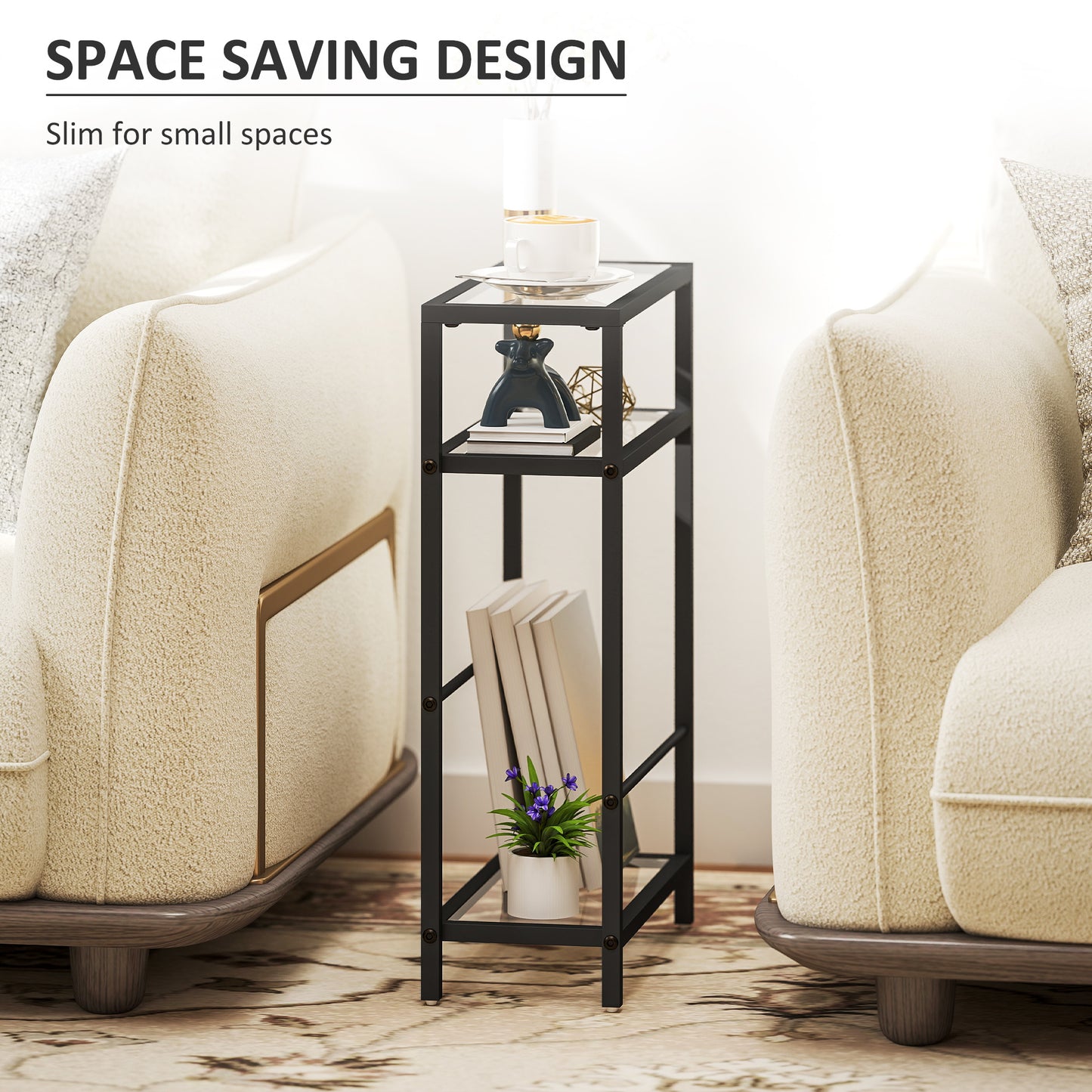 Slim Side Table, End Table with Tempered Glass Tabletop, Black