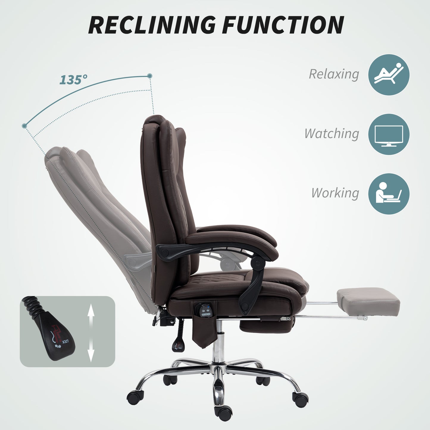 PU Leather Massage Office Chair, Reclining Desk Chair, Brown
