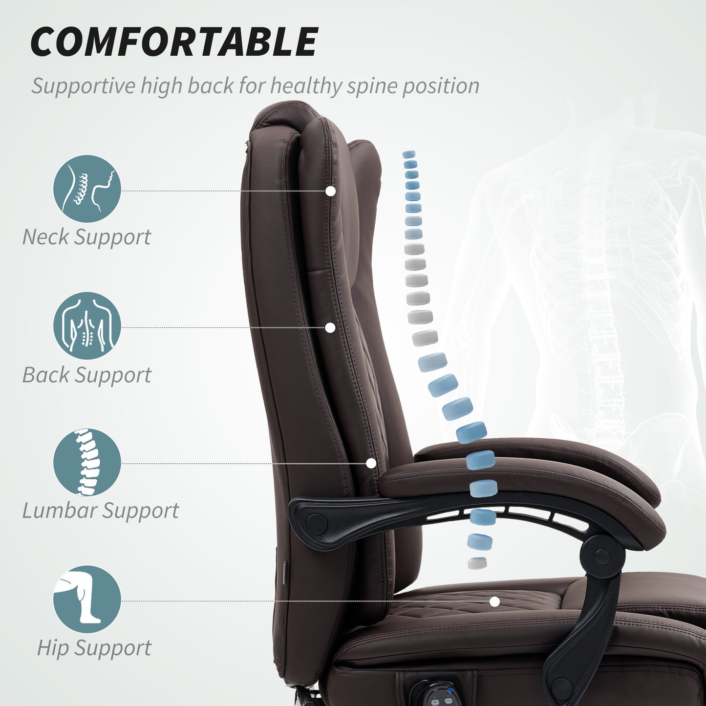 PU Leather Massage Office Chair, Reclining Desk Chair, Brown