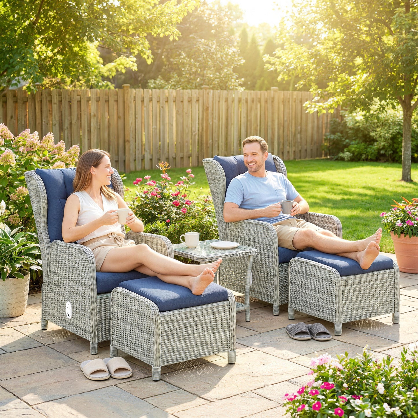 5 Piece Garden Furniture Set, Rattan Reclining Garden Chair Set of 2 with Footstool and Cushion , Dark Blue