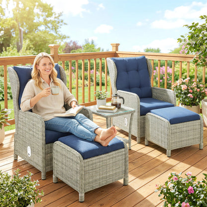 5 Piece Garden Furniture Set, Rattan Reclining Garden Chair Set of 2 with Footstool and Cushion , Dark Blue
