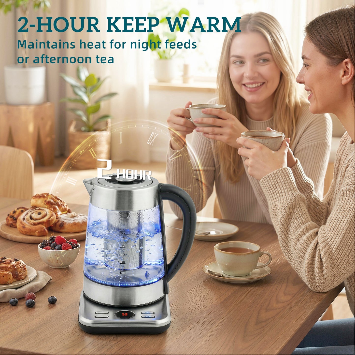 Electric Kettle, 1.7L Fast Boil 3KW Water Kettle with UK Strix Thermostat, Tea Infuser, Keep Warm Function, Auto Shut-off and Boil-Dry Protection, Silver Tone