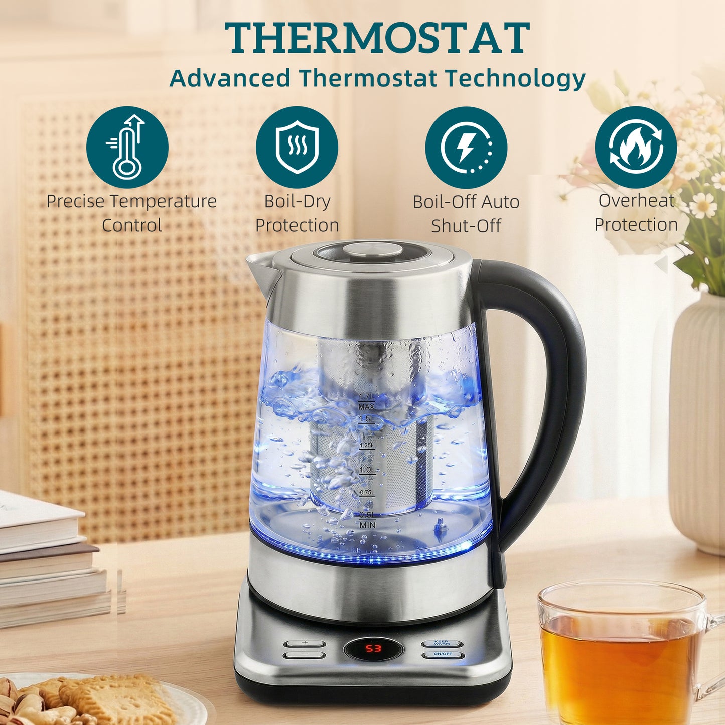 Electric Kettle, 1.7L Fast Boil 3KW Water Kettle with UK Strix Thermostat, Tea Infuser, Keep Warm Function, Auto Shut-off and Boil-Dry Protection, Silver Tone