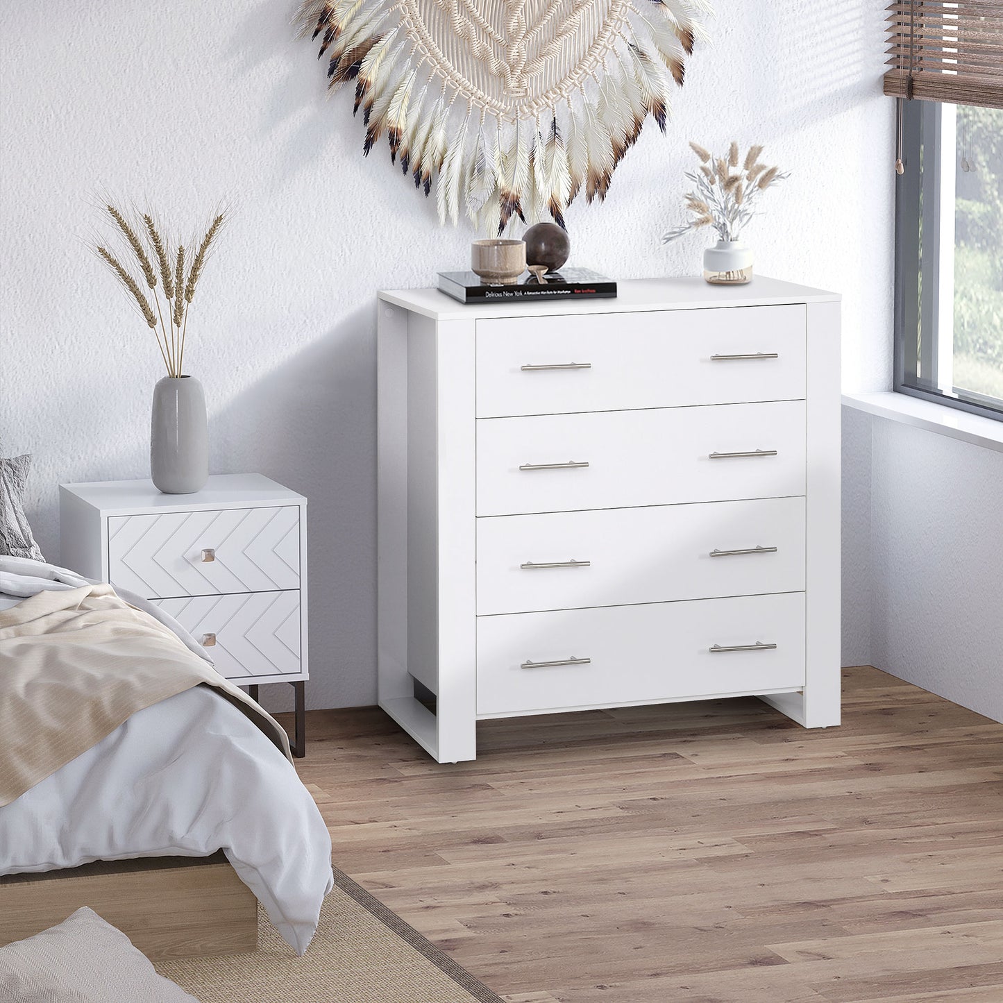 Chest Of 4 Drawers Home Storage Clothes Cabinet Metal Handles Base White