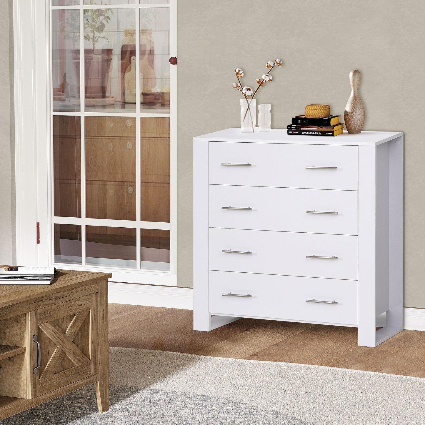 Chest Of 4 Drawers Home Storage Clothes Cabinet Metal Handles Base White