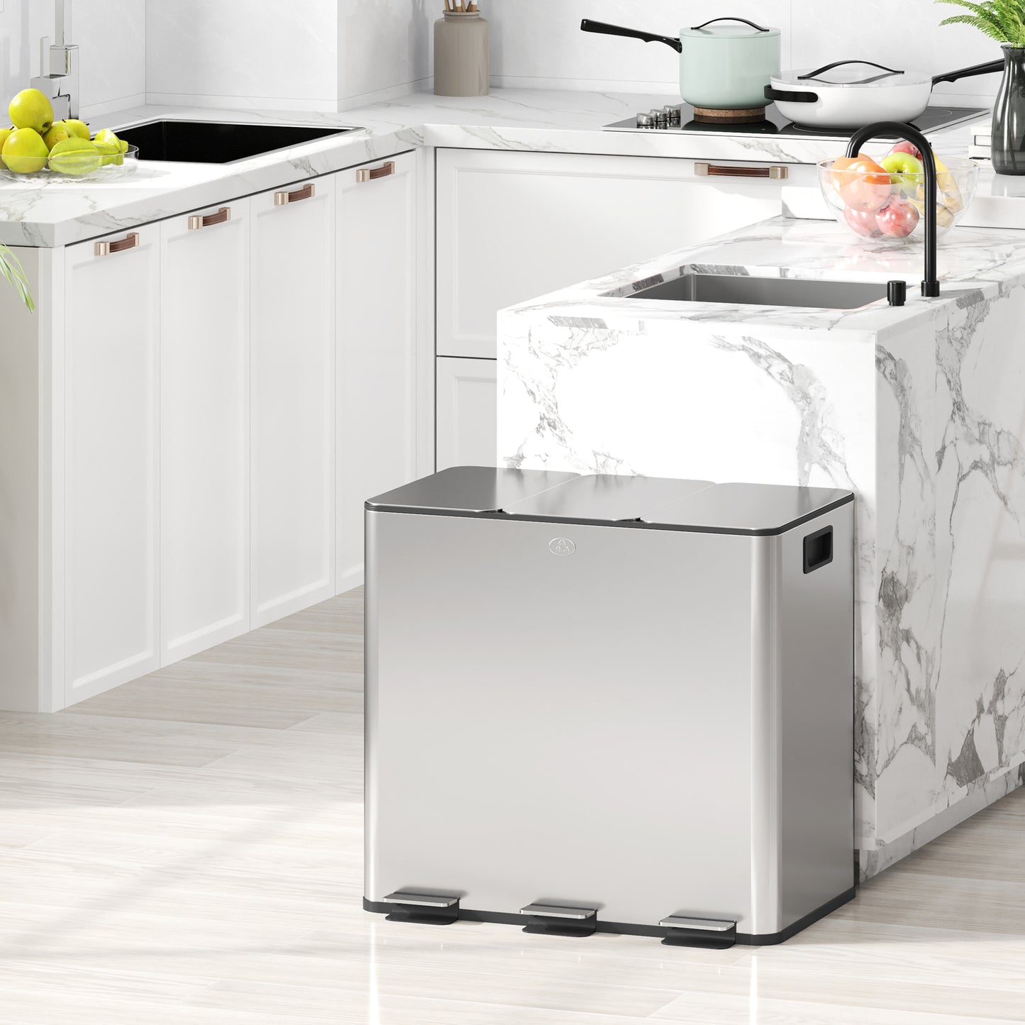 3 x 15L Triple Kitchen Bin Pedal Bin for Recycling and Waste, Silver