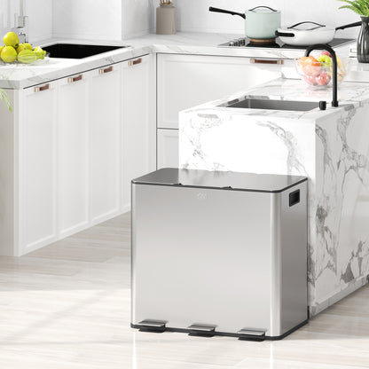 3 x 15L Triple Kitchen Bin Pedal Bin for Recycling and Waste, Silver