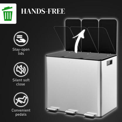 3 x 15L Triple Kitchen Bin Pedal Bin for Recycling and Waste, Silver