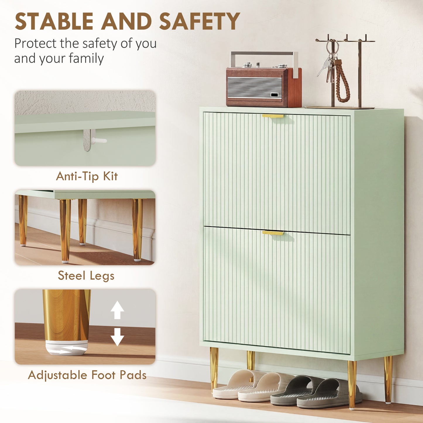 Narrow Shoe Cabinet with 2 Flip Drawers, Modern Slim Shoe Storage Cabinet with Fluted Doors and Adjustable Shelves for Hallway, Holds 6-12 Pairs, Light Green