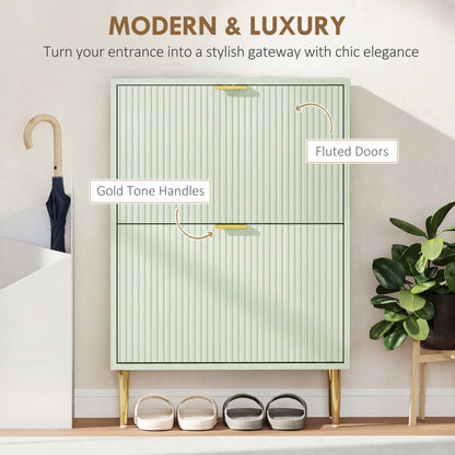 Narrow Shoe Cabinet with 2 Flip Drawers, Modern Slim Shoe Storage Cabinet with Fluted Doors and Adjustable Shelves for Hallway, Holds 6-12 Pairs, Light Green